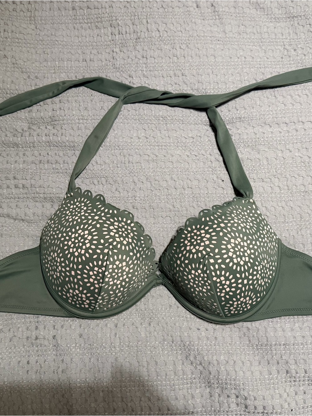 Shade & Shore Sage Green Halter Bikini Top with Nude Cutout Print